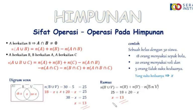 Dalam sebuah kelas terdapat 24 siswa yang suka pelajaran matematika, 17 siswa suka pelajaran Olahraga, dan 8 siswa suka pelajaran Matematika dan Olahraga